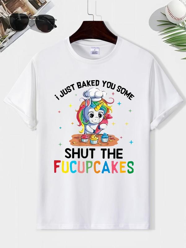 Men's Classic Cartoon & Letter Print Tee, Regular Fit Round Neck Summer Short Sleeve T-shirt, Comfortable Casual MenÃ¢â‚¬â„¢s Vintage Streetwear