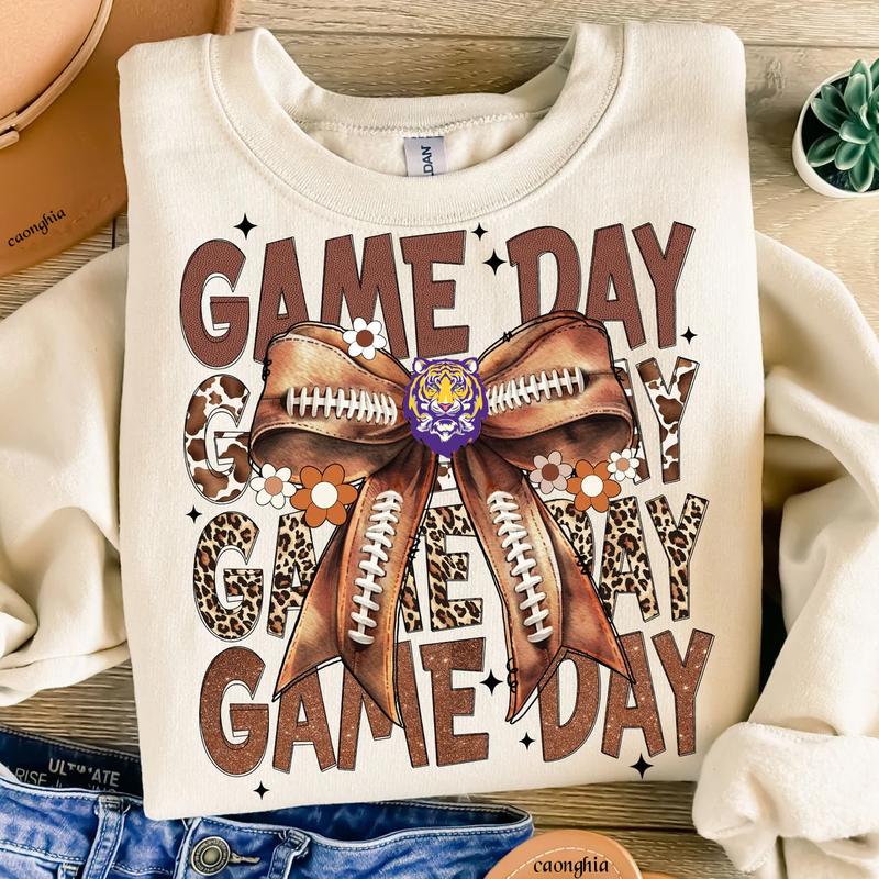 Vintage LSU Football Coquette Bow Game Day Shirt, Gameday Women's Sweatshirt Cotton Fit Top Womenswear