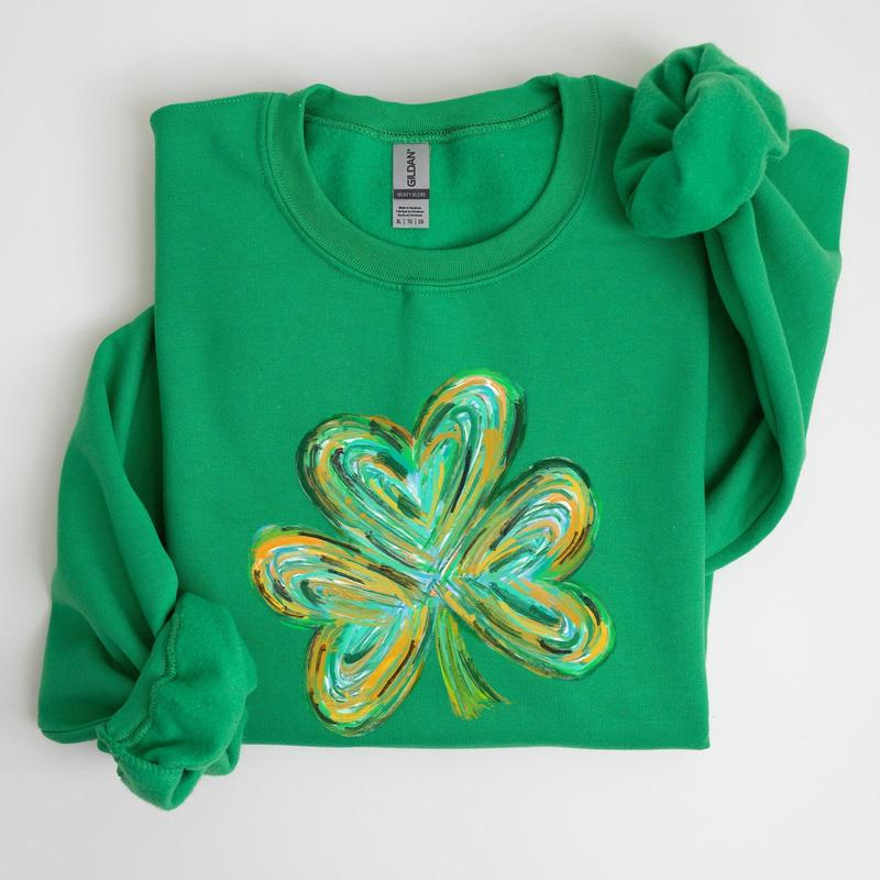 Watercolor Shamrock, Hearts, Irish, St Patrick's Day Sweatshirt, Women's Crew Neck, Crewneck Shirt Hoodie (Image 4)