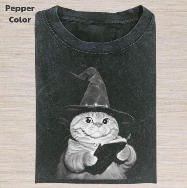 Retro Funny Vintage Graphic Tee, Wizard Cat Reading Book T-Shirt, Unisex Meme Cringe Funny Dumb Shirt, Menswear Womenswear Streetwear