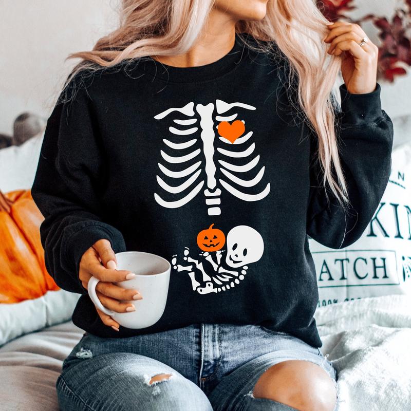 Skeleton Halloween Maternity Sweatshirt, Funny Pregnancy Announcement Shirt 2024, Pregnant Women Costume, Fall... (Image 1)