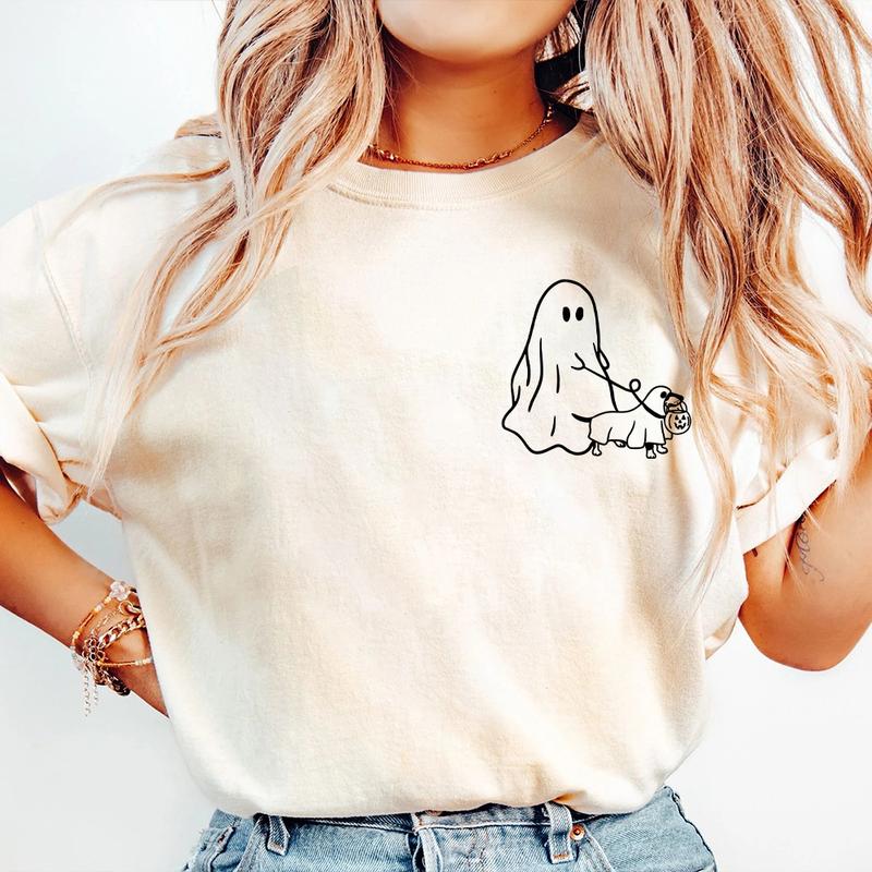 Cute Ghost Dog Shirt, Halloween Party Shirt, Dachshund Halloween Clothing, Fall Graphic Tee, Autumn Shirt,... (Image 1)