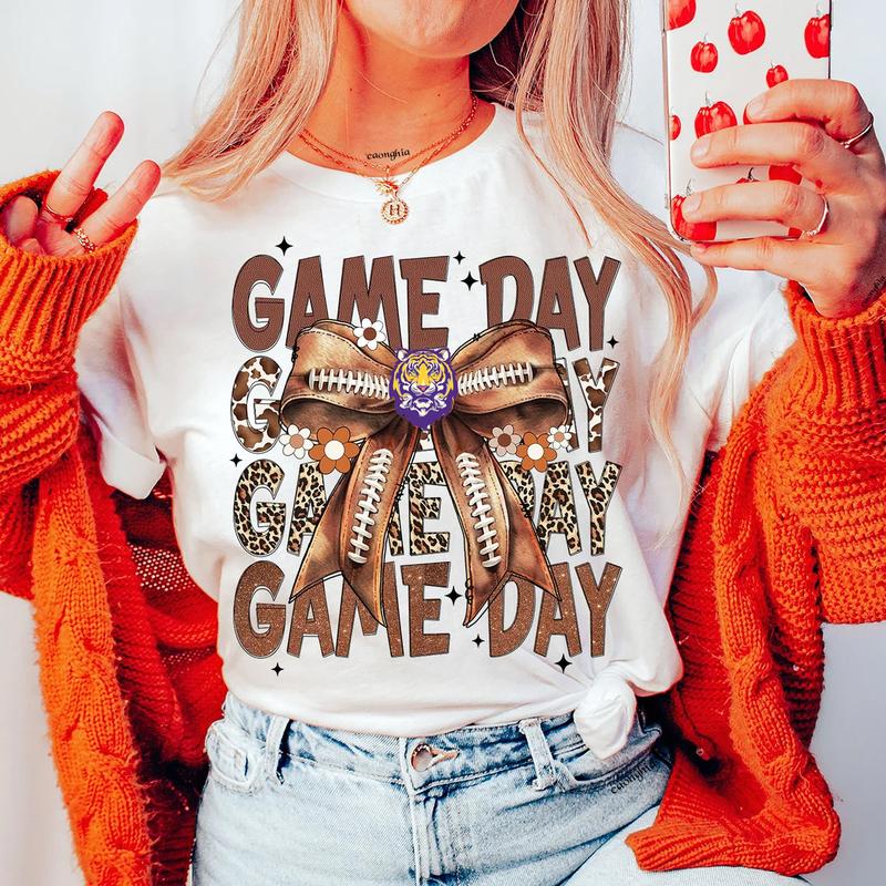 Vintage LSU Football Coquette Bow Game Day Shirt, Gameday Women's Sweatshirt Cotton Fit Top Womenswear
