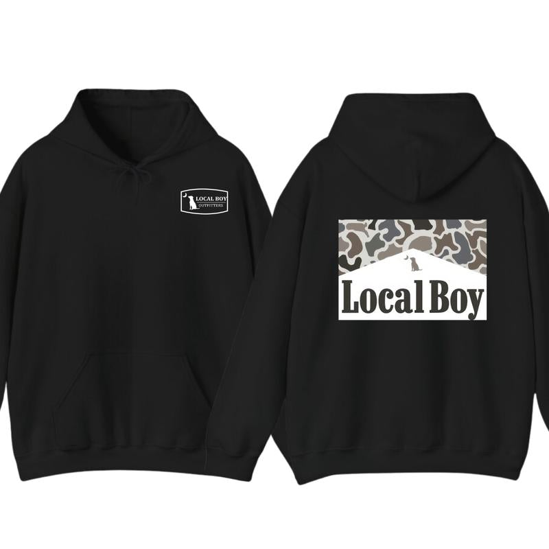 Local Boy Outfitters Hoodie, Tshirt - Bold Logo with Camo Pattern Graphic , Perfect for Outdoor and Casual Wear, unisex
