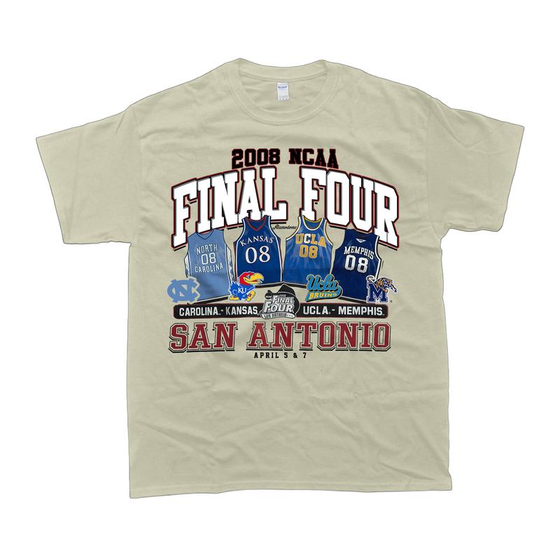 Vintage 2008 NCAA Final Four San Antonio Tee, Carolina Kansas UCLA Memphis T-shirt football bow Classic Cotton Menswear Top