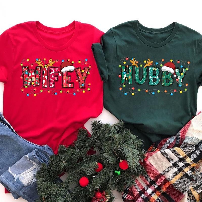 Christmas Wifey Hubby Shirt, Couple Costume 2024 Xmas T-Shirt, Matching Christmas for Husband Wife, Holiday... (Image 1)
