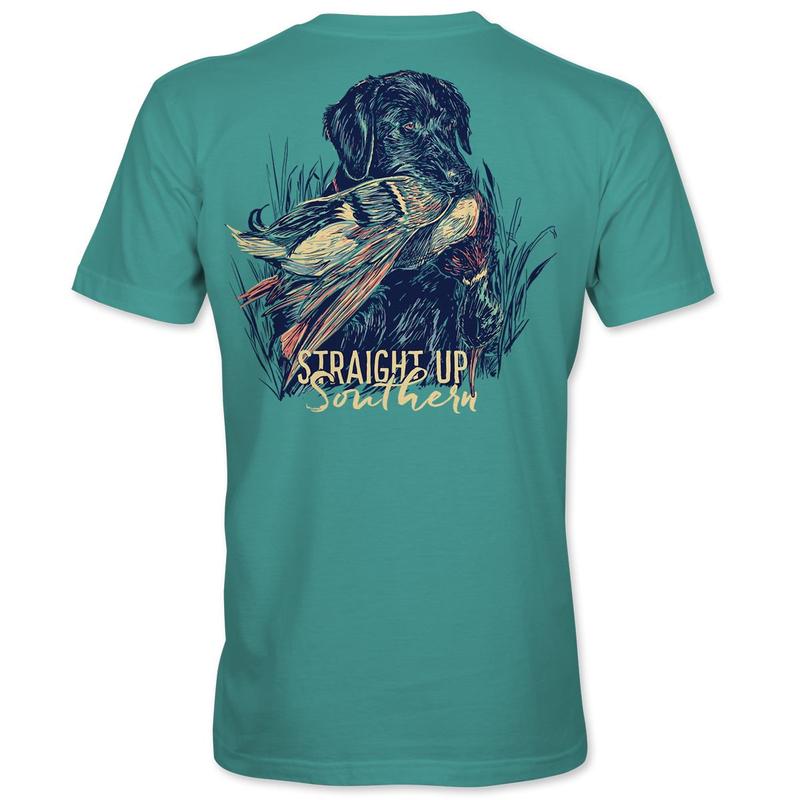 Lab With Mallard - Black Lab Retrieving Mallard T-Shirt Pocket T-Shirt (Image 3)