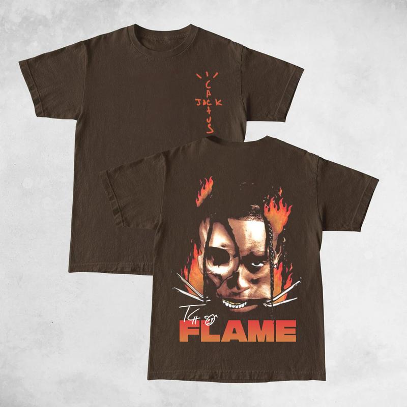 Travis La Flame Fire Skull Double Sides Front And Back Premium Cotton T-Shirt Cotton Unisex Shirt Rap Shirt Rapper Rap Tee Hiphop Shirt Music Tour Mer