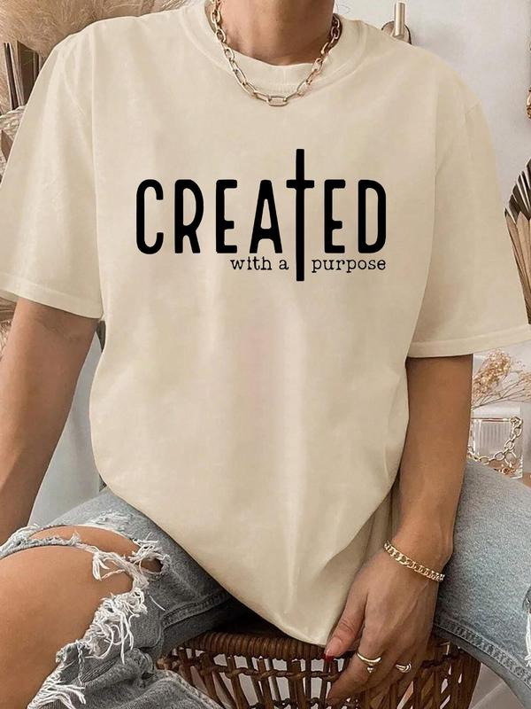 Women's Letter Graphic Print Crew Neck Tee, Fashion Drop Shoulder Short Sleeve T-shirt, Comfort Graphic Tees, Vintage Graphic Tees, Summer Clothes for