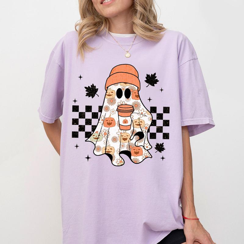 Retro Ghost T-Shirt, Fall Shirt, Shirt For Women, Retro Fall Shirt, Vintage Ghost T-shirts, Retro Halloween Shirts, Witch Shirt, Ghost Halloween Shirt, Women's Tops, Cute Tee Shirt For Autumn, Cute Fall Shirt Casual Comfort Comfortable Day