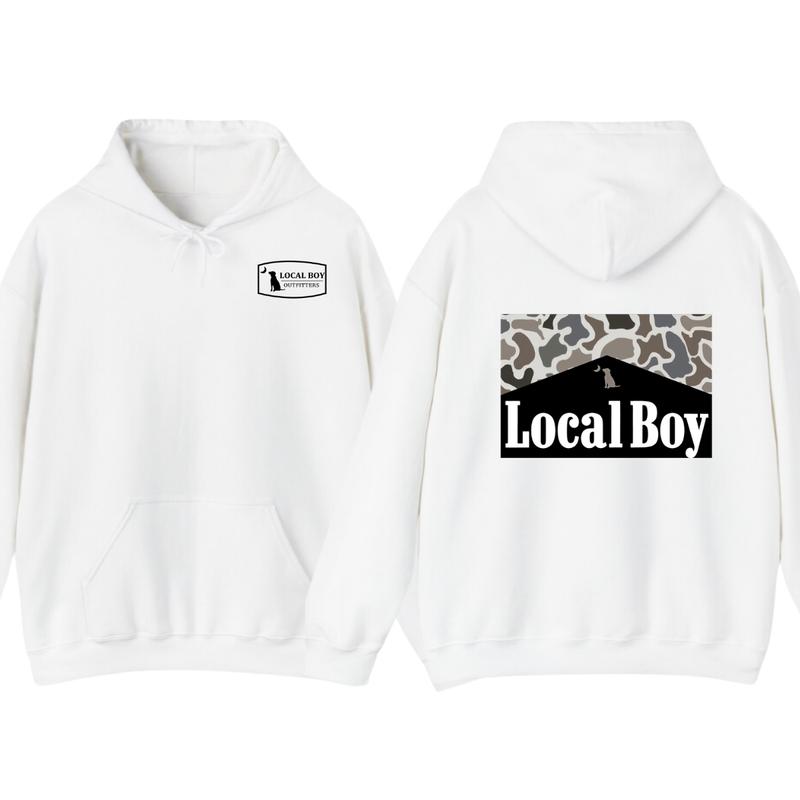 Local Boy Outfitters Hoodie, Tshirt - Bold Logo with Camo Pattern Graphic , Perfect for Outdoor and Casual Wear, unisex