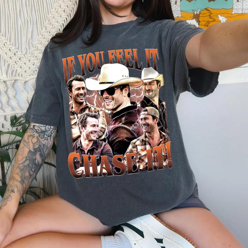 Vintage If You Feel It Chase It Glen Powell Tyler Owens Shirt, Gift For Women and Men, Unisex Softstyle Crewneck Menswear T-Shirt Medium Fit