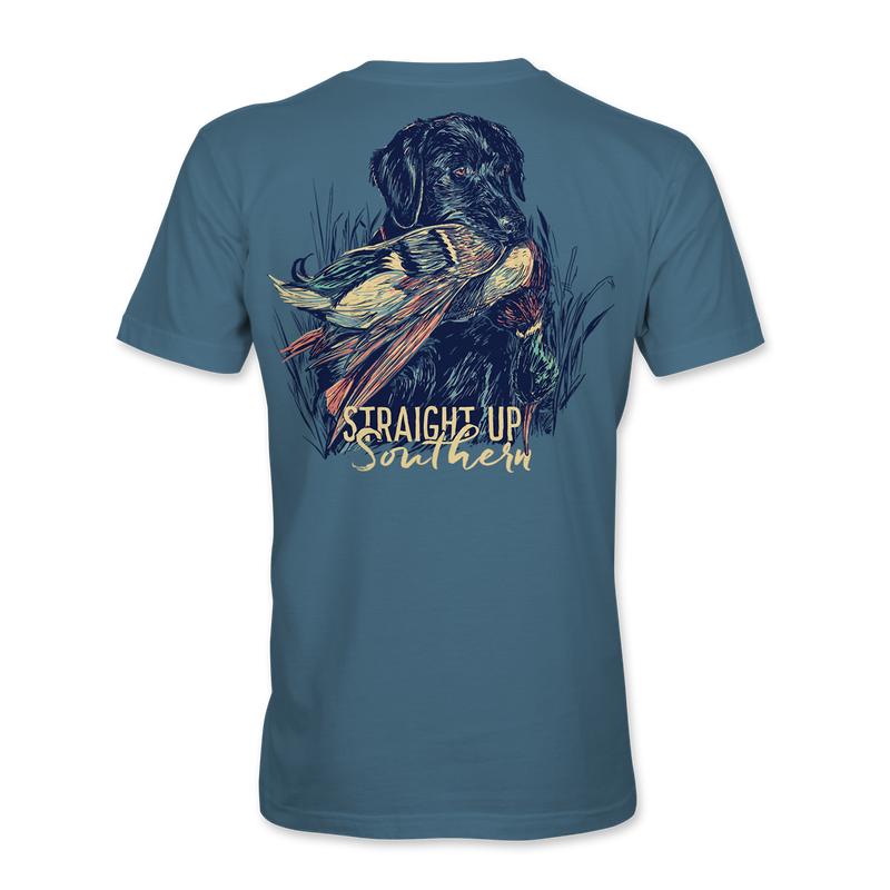 Lab With Mallard - Black Lab Retrieving Mallard T-Shirt - Indigo Classic Collar Hoodie Sweatshirt | TeeSparky.com (Image 3)