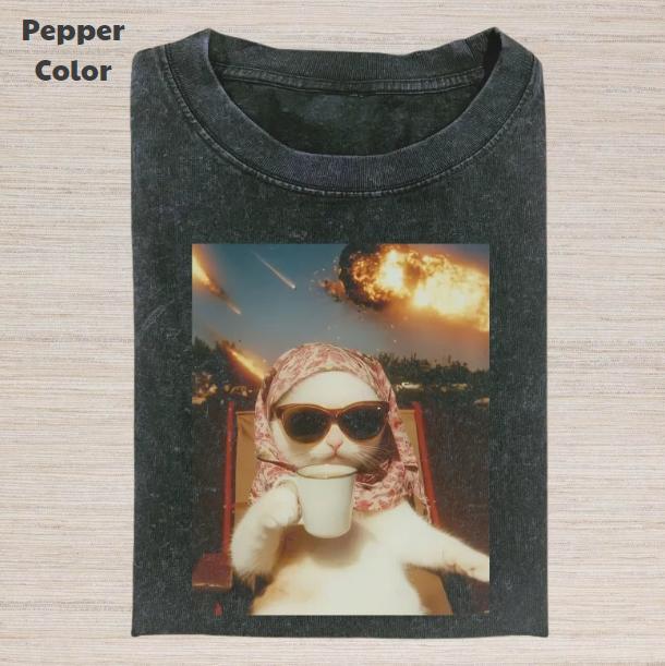 Just A Chill Girl Vintage Graphic Tee, Cat And Meteorite T-Shirt, Unisex Meme Cringe Funny Dumb Shirt, Menswear Womenswear Streetwear