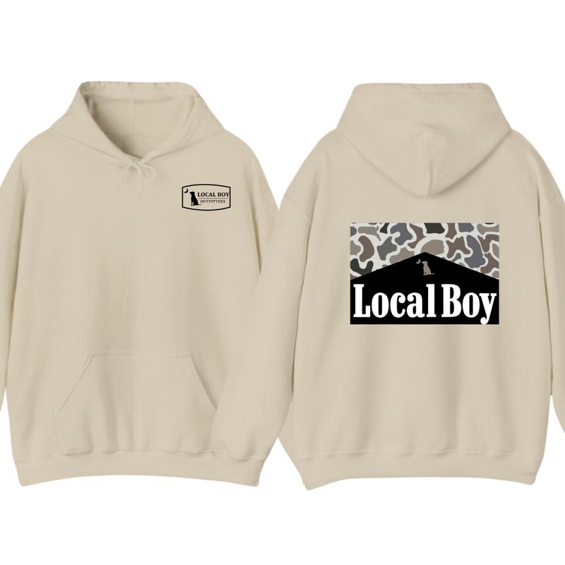 Local Boy Outfitters Hoodie, Tshirt - Bold Logo with Camo Pattern Graphic , Perfect for Outdoor and Casual Wear, unisex