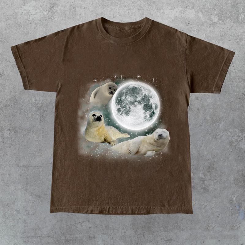 Three Baby Seal Vintage Graphic T-shirts, Retro Sea Dog Moon Tshirt, Seal Lovers, Cute Sea Dog Tee, Relaxed Washed Unisex Adult Tee