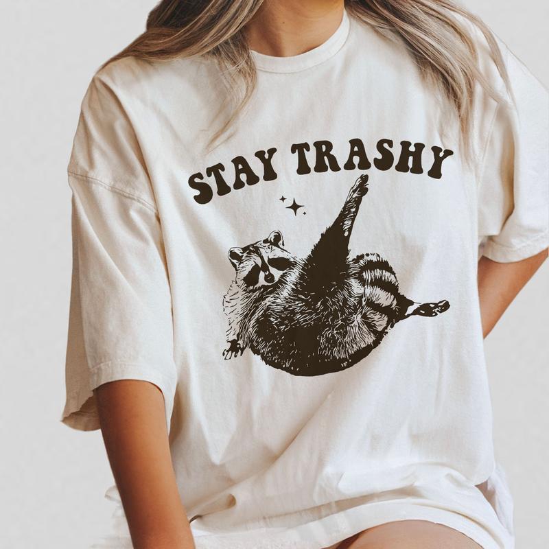 Stay Trashy Raccoon Graphic T-Shirt, Retro Unisex Adult T Shirt, Vintage Raccoon T-Shirt, Nostalgia Shirt, Relaxed Cotton Tees, Raccoon Lover Tee, Str