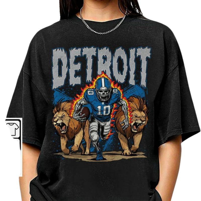 Detroit Football Skull Shirt, Retro Vintage Skeleton Lions Football Player Gift Unisex Shirt Classic Cotton Fabric Collar Decoration Menswear