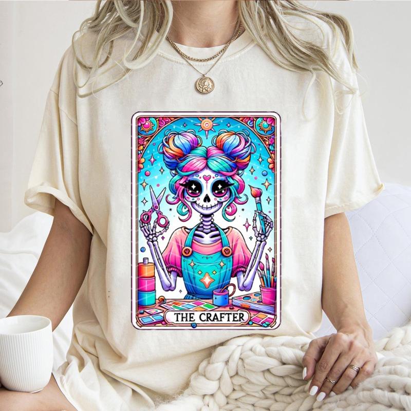 The Crafter Tarot Card Shirt, Crafting Girl Skeleton Sublimation T-Shirt Unisex Classic Cotton Hoodie Sweatshirt (Image 1)