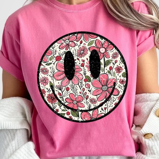 Floral Smiling Comfort Shirt, Retro Smiling Tee, Be Kind Shirts For Women, Mental Health Shirt, Vintage Smiling Tee, Cute Shirts For Women, Retro Smil