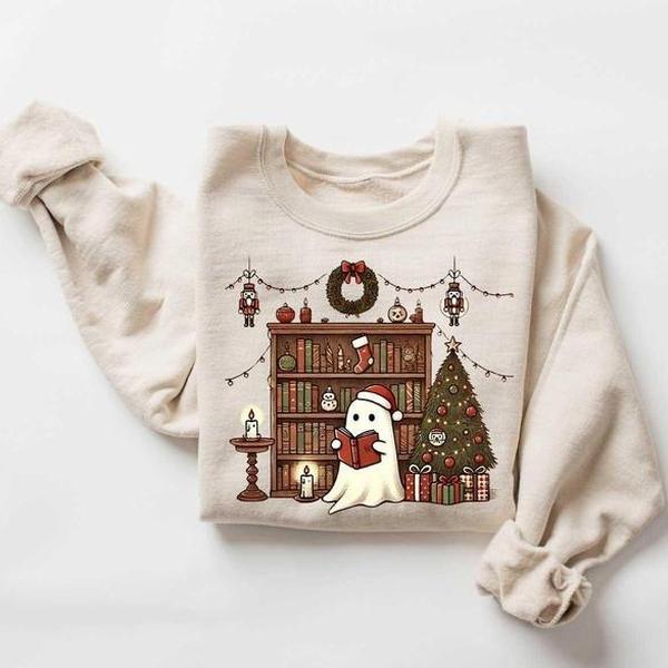 Ghost Reading Books Christmas Sweatshirt, Bookish Christmas Crewneck, Cute Ghost Xmas Shirt, Christmas Teacher... (Image 1)