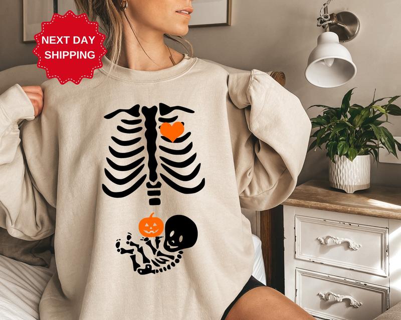 Skeleton Halloween Maternity Sweatshirt, Funny Pregnancy Announcement Shirt 2024, Pregnant Women Costume, Fall... (Image 3)
