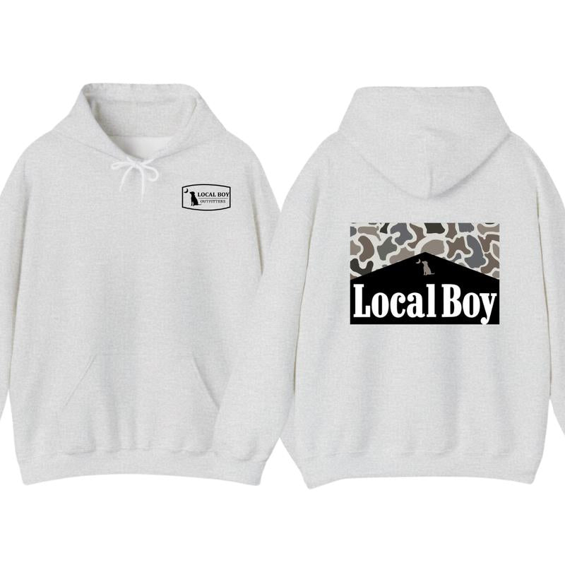 Local Boy Outfitters Hoodie, Tshirt - Bold Logo with Camo Pattern Graphic , Perfect for Outdoor and Casual Wear, unisex