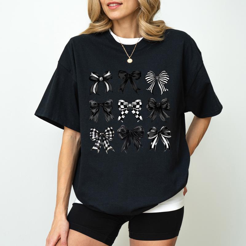 Coquette Black Checkered Bow Shirt, Dark Coquette Graphic Printed Tee, Gothic Bows Shirt Unisex Graphic