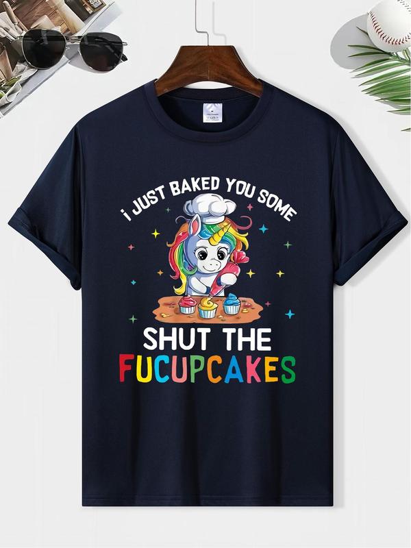 Men's Classic Cartoon & Letter Print Tee, Regular Fit Round Neck Summer Short Sleeve T-shirt, Comfortable Casual MenÃ¢â‚¬â„¢s Vintage Streetwear