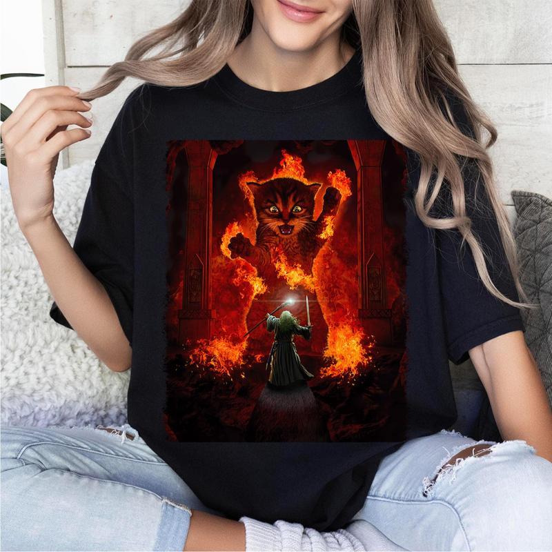 LOTR You Shall Not Pass Gandalf & Cat Shirt, Funny Lord of The Rings Vintage Wear, Women's Cotton Top, Unisex Graphic Tee