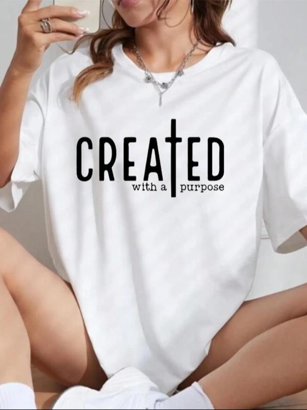 Women's Letter Graphic Print Crew Neck Tee, Fashion Drop Shoulder Short Sleeve T-shirt, Comfort Graphic Tees, Vintage Graphic Tees, Summer Clothes for