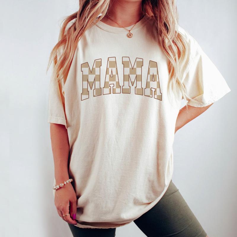Retro Mama Shirt, Comfort Colors Checkered Mama T-Shirt, Boho Mama Shirt, Cute Mom Shirt, Varsity Letter Mama... (Image 2)