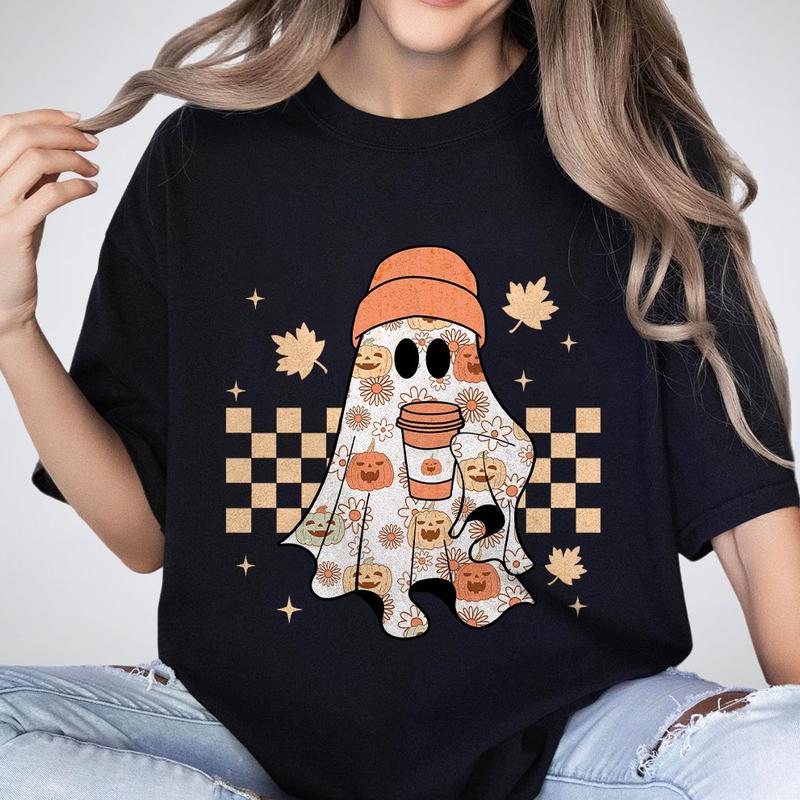 Retro Ghost T-Shirt, Fall Shirt, Shirt For Women, Retro Fall Shirt, Vintage Ghost T-shirts, Retro Halloween Shirts, Witch Shirt, Ghost Halloween Shirt, Women's Tops, Cute Tee Shirt For Autumn, Cute Fall Shirt Casual Comfort Comfortable Day
