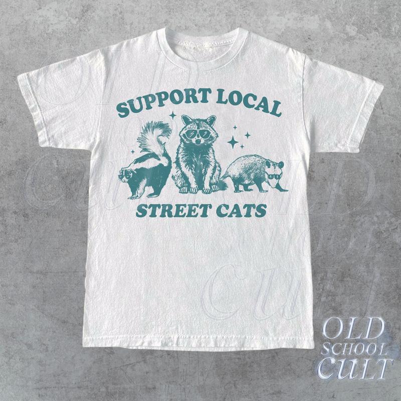 Support Your Local Street Cats Graphic T-Shirt, Retro Unisex Adult T Shirt, Vintage Raccoon T Shirt, Nostalgia T Shirt, Relaxed Cotton Tees