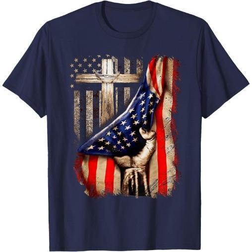 Vintage Mens Faith Over Fear Christian Cross American Flag T-Shirt Made in USA