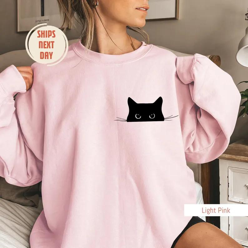 Cat Sweatshirt, Cute Cat Sweatshirt, Black Cat Shirt, Cat Peeking Sweatshirt, Womens Funny Sweater, Gift for... (Image 5)