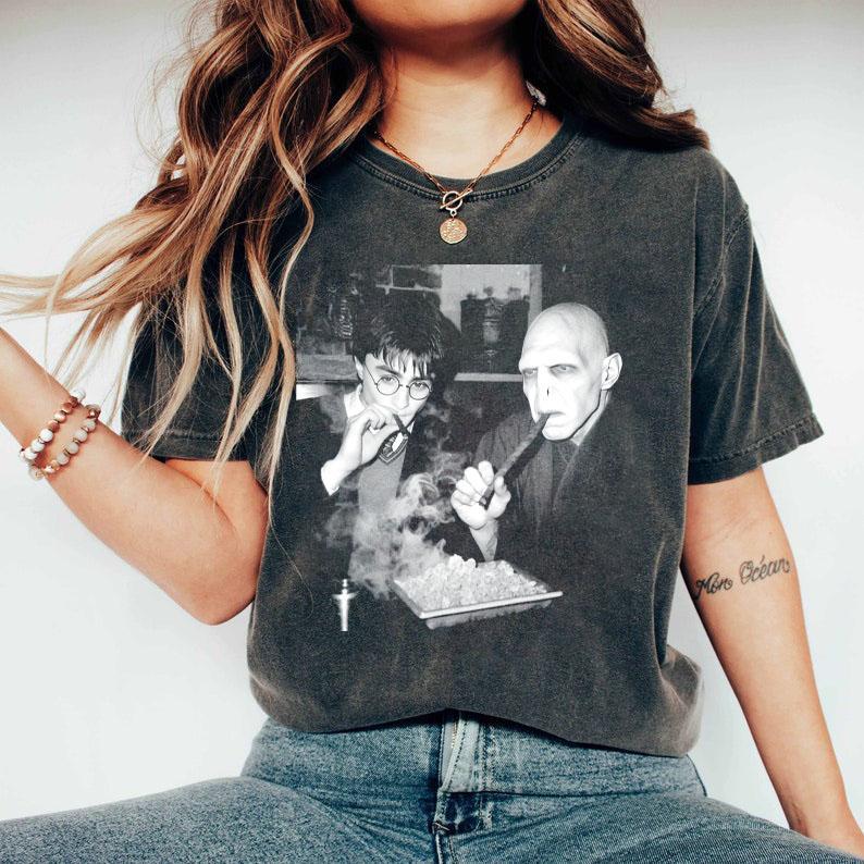 Vintage Harry Potter And Volrt Smoking T- shirt, Wizard House Christmas Birthday Gift, Potter Halloween Shirt, Gift for Halloween and Christmas Womenswear Top