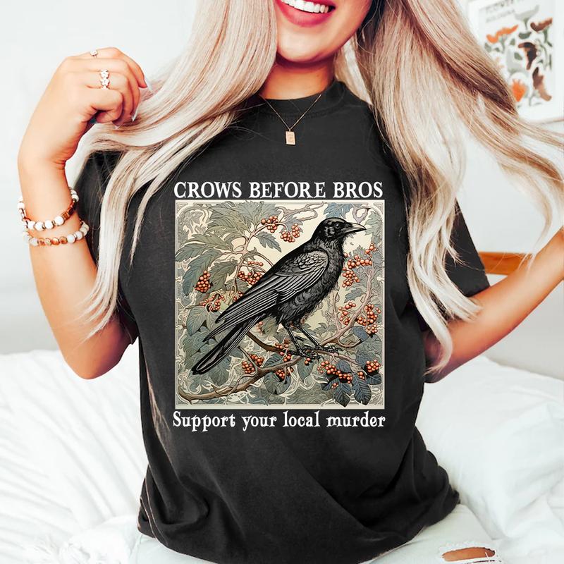 Funny Crows Before Bros Vintage Crow Shirt, Vintage Raven Shirt, Goblincore Witchy Shirt, Women Halloween Crewneck, Dark Academia Clothing