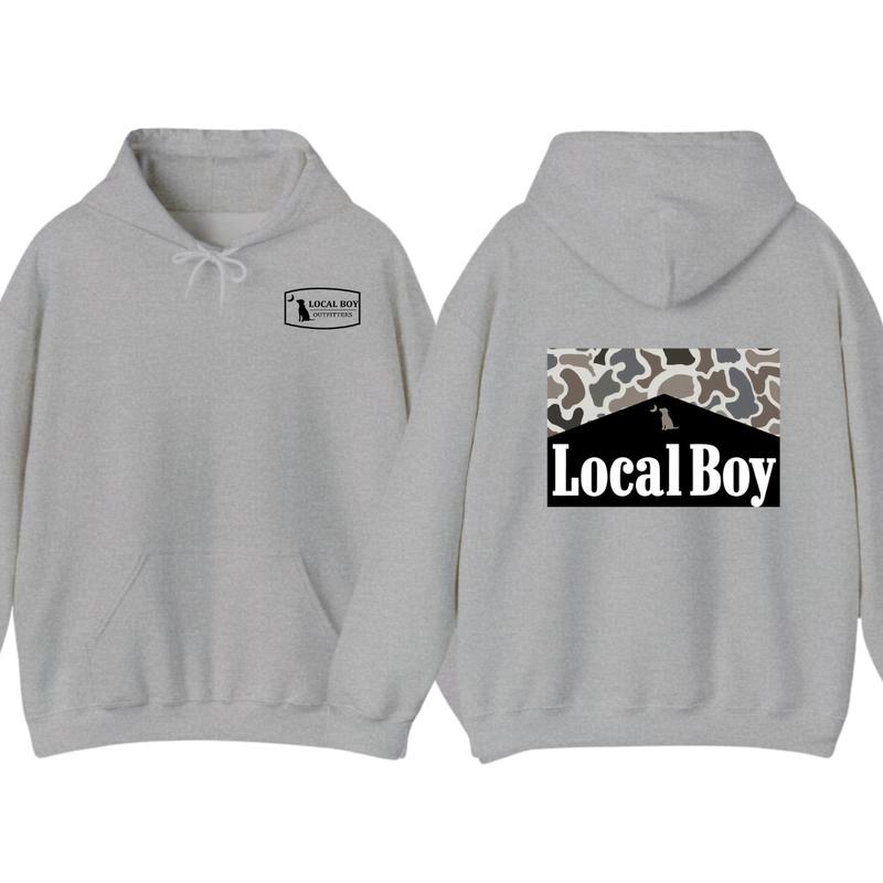 Local Boy Outfitters Hoodie, Tshirt - Bold Logo with Camo Pattern Graphic , Perfect for Outdoor and Casual Wear, unisex