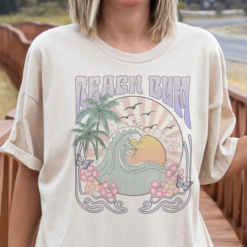 Vintage Beach Tshirts Summer Beach Tees Sand and Sun T-Shirts Summer Ocean Tees Vacation Tshirts Womens Sea Turtle Tops Retro Beach Wave Tees Short Sl