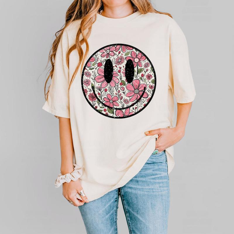 Floral Smiling Comfort Shirt, Retro Smiling Tee, Be Kind Shirts For Women, Mental Health Shirt, Vintage Smiling Tee, Cute Shirts For Women, Retro Smil