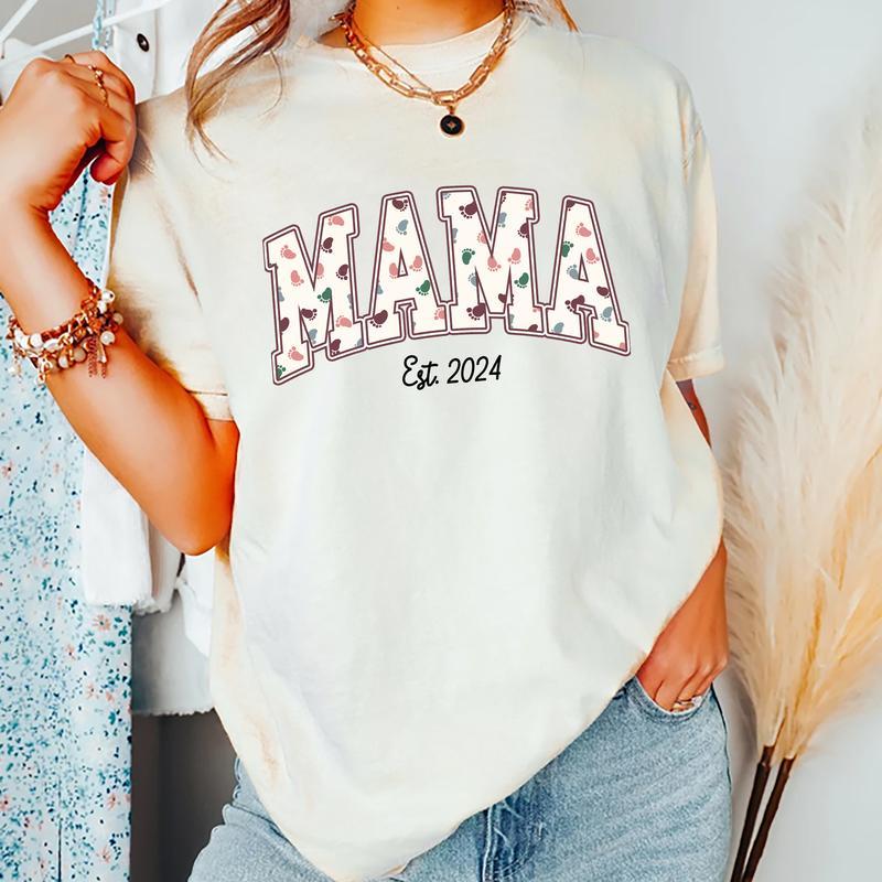 Mama Est. 2024 Shirt, New Mom T-shirt, Baby Footprint Mom Graphic Printed Tee, New Mama Comfort Shirts, Soft... (Image 5)