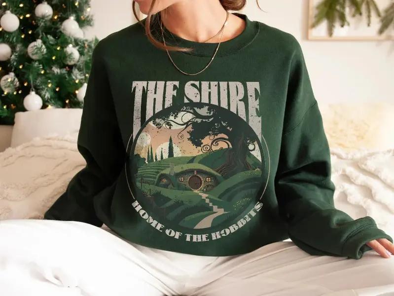 The Shire LOTR Sweatshirt, Distressed Fantasy Merch Tolkien Aragorn Frodo Baggins Elven Elrond the Fellowship... (Image 1)