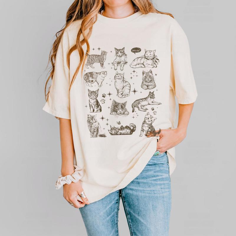 Vintage 90s Cat Tshirt, Retro Kitten Shirt, Cat Lover Shirt, Gift For Cat Lover, Funny Gifts For Women, Women Shirt, Vintage Tattoo Cat Shirt, Cat Lover Gift, Lovely Cat T-shirt, Shirt Gift For Cat Lover, Women Tops Casual Comfort Womenswear