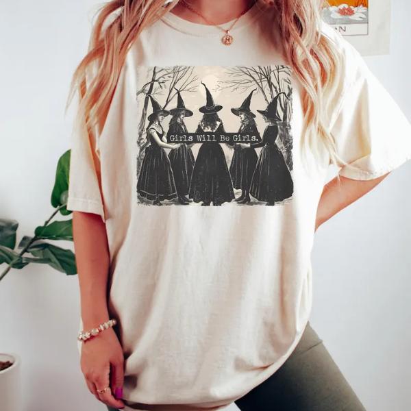 Vintage Girls Will Be Girls Witch Shirt, Vintage Halloween Women Shirt, Fall Sweater, Halloween Women's Shirt