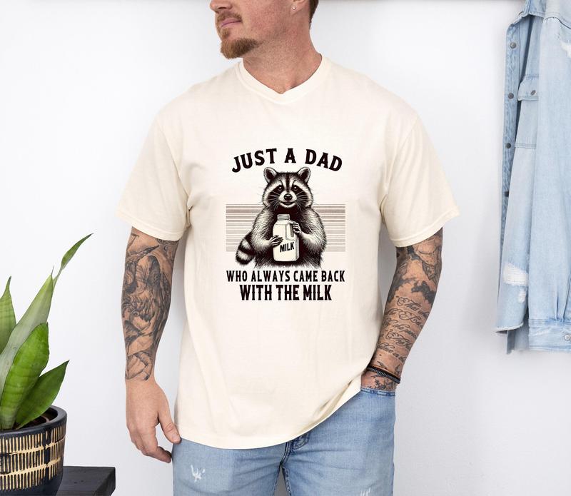 Just A Dad Who Always Came Back With The Milk Raccoon Shirt, Dark Humor Minimalist Funny Milk T-shirt, Vintage Animal Tee, Father's Day Underwear