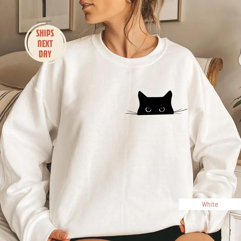 Cat Sweatshirt, Cute Cat Sweatshirt, Black Cat Shirt, Cat Peeking Sweatshirt, Womens Funny Sweater, Gift for... (Image 4)