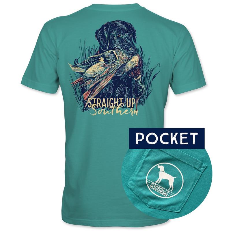 Lab With Mallard - Black Lab Retrieving Mallard T-Shirt Pocket T-Shirt (Image 1)