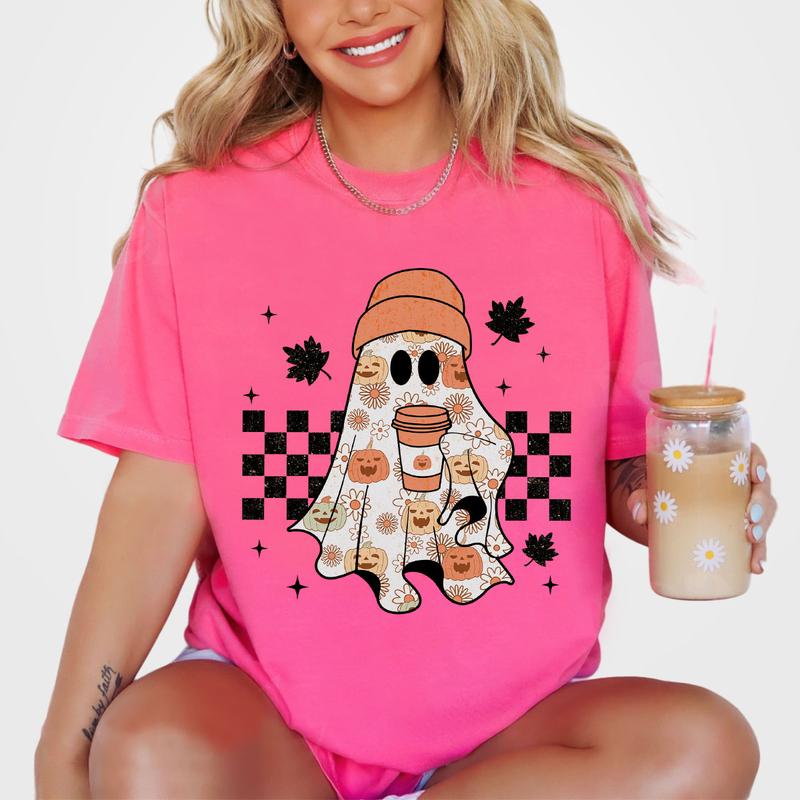 Retro Ghost T-Shirt, Fall Shirt, Shirt For Women, Retro Fall Shirt, Vintage Ghost T-shirts, Retro Halloween Shirts, Witch Shirt, Ghost Halloween Shirt, Women's Tops, Cute Tee Shirt For Autumn, Cute Fall Shirt Casual Comfort Comfortable Day