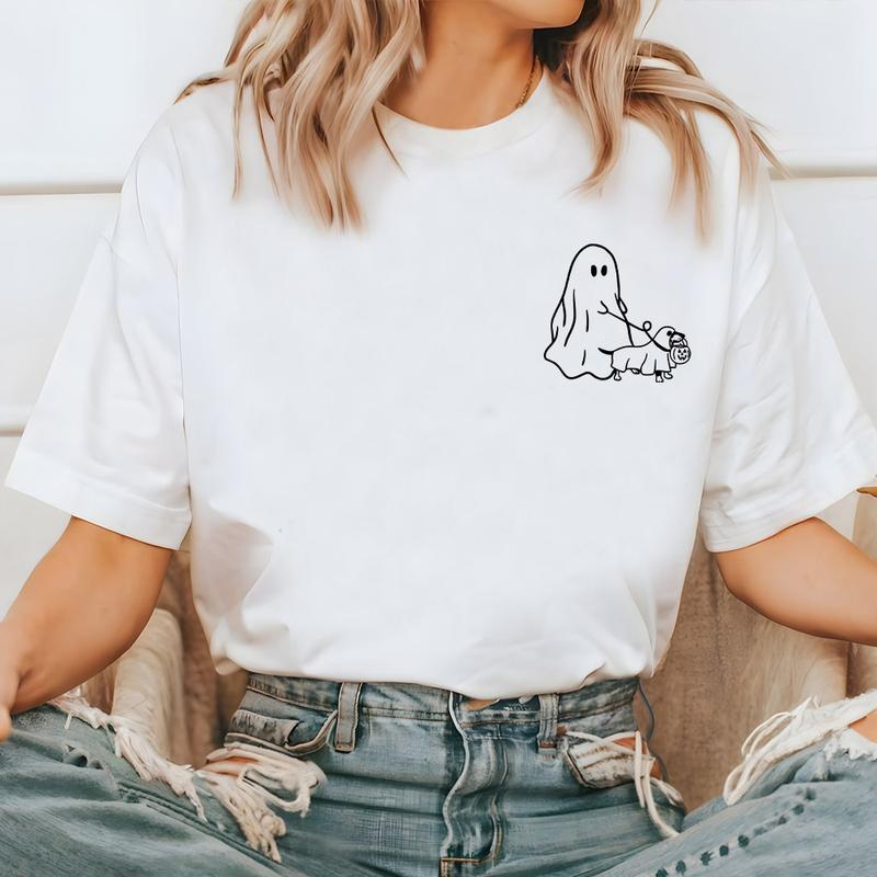 Cute Ghost Dog Shirt, Halloween Party Shirt, Dachshund Halloween Clothing, Fall Graphic Tee, Autumn Shirt,... (Image 5)